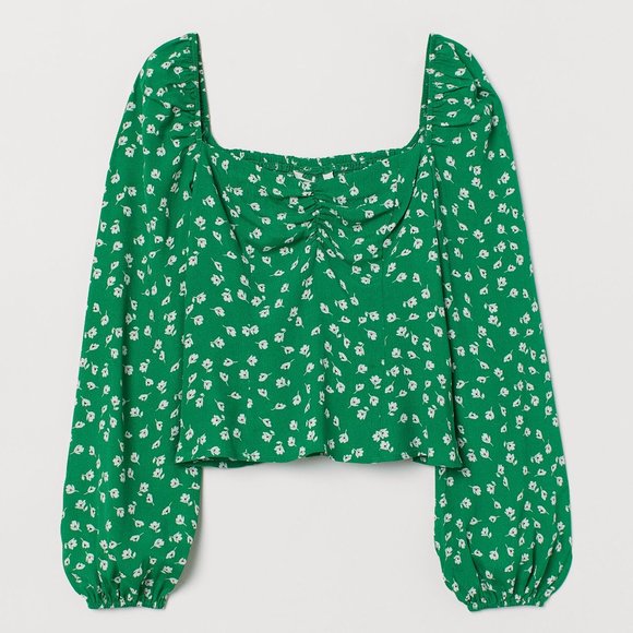 🌟2 FOR $15🌟H&M Puff-sleeved Blouse Green & White Floral Size XXS - Picture 1 of 2